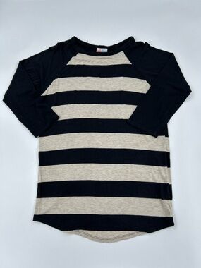 LuLaRoe Women’s Black and Cream Striped Raglan Tee - XS